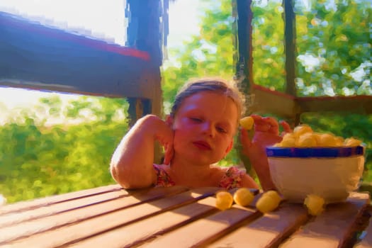 Digital watercolor painting of cute little girl. Girl sitting on verandah.