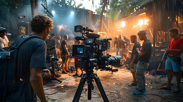 A cinematographer is standing in front of a camera on a tripod, capturing the cityscape during an entertainment event with a crowd in the background