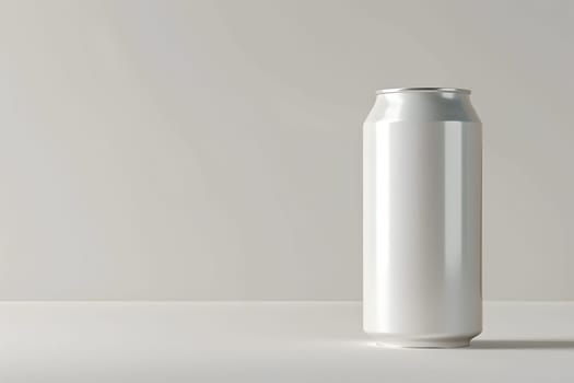 A white plastic bottle of soda is placed on a white table, containing a fizzy liquid inside. The cylindrical container is made of aluminium and emits gas when opened