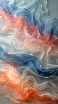 A closeup shot of an electric blue scarf with a peach pattern on a table, resembling a watercolor painting. The colors blend like wind waves in smoke