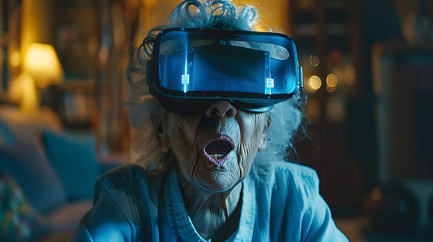 An elderly woman is enjoying electric blue entertainment through virtual reality eyewear, smiling as she wears the personal protective equipment on her head