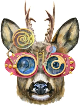 Watercolor drawing of the animal - roe deer in glasses with steampunk style, sketch