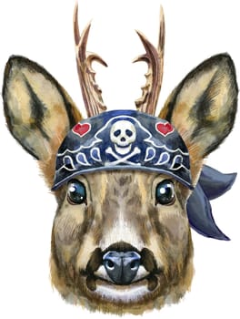 Watercolor drawing of the animal - roe deer in black bandana with scull, sketch