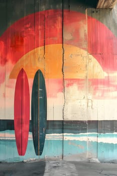 Two surfboards are painted on a wall, with a rainbow in the background, creating a vibrant and artistic scene at the buildings entrance