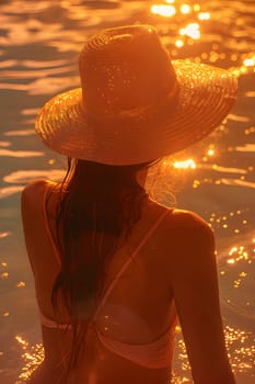 A woman in a bikini and straw hat is relaxing in a swimming pool under the sunlight. She looks happy as she enjoys the cool water and warm weather