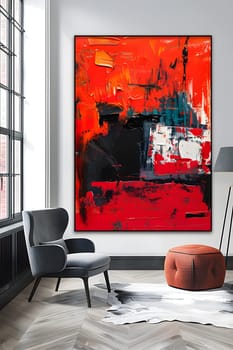 The living room features a large rectangular painting with red and black tints and shades on the wall, enhancing the wood flooring and furniture with a bold visual art statement