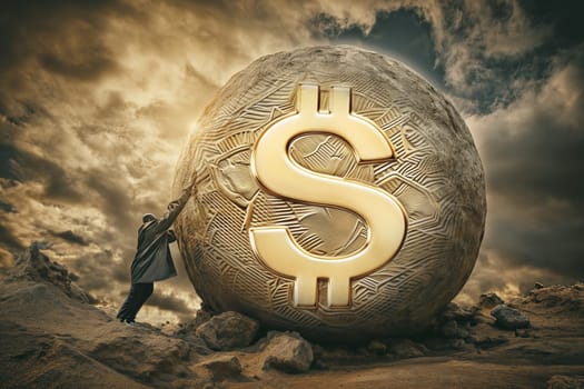 A man is standing next to a massive golden dollar sign, emphasizing the concept of wealth and financial success.