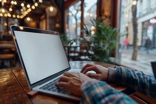 A person is sitting at a table, focused on their laptop screen, working diligently. Mockup.