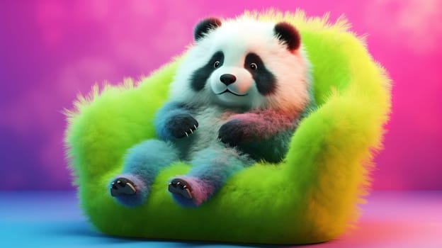 A cheerful fluffy panda is resting in a green plush chair on a pink neon background, Generated AI