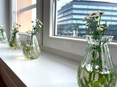 There are bouquets of wild flowers in transparent vases on the windowsill. High quality photo
