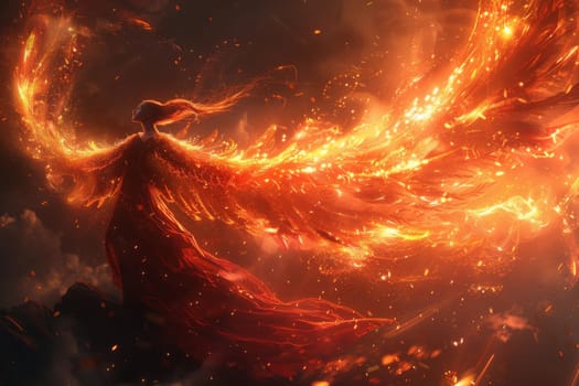 A woman with a fiery winged angelic appearance