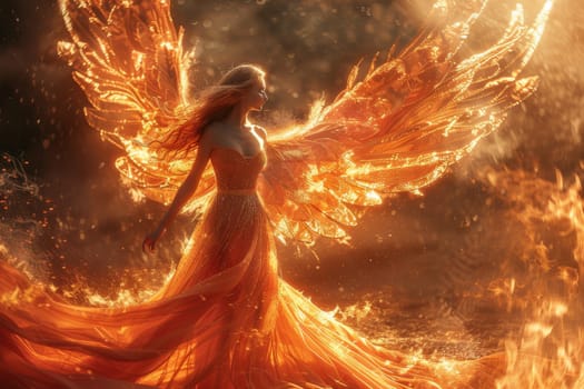 A woman with a fiery winged angelic appearance