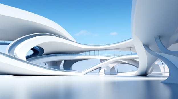 Abstract architecture scene with smooth curves. Abstract background with futuristic building in white and blue colors. Generated AI