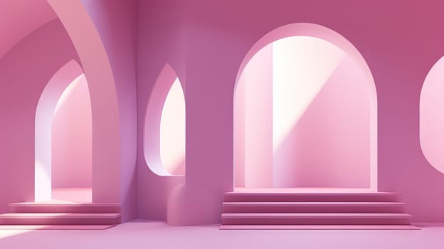 Abstract pink room with arch. Surreal architectural abstraction in pastel colors. Generated AI