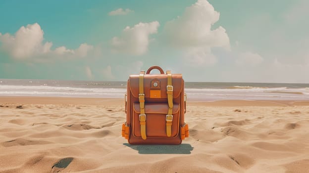 Backpack on the sand of the beach. Vacation scene with schoolbag on the shore line. Generative AI