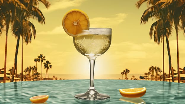 Glass with lemon water in the sand of the beach. Vacation scene with lemonade glass on the shore line. Generative AI.