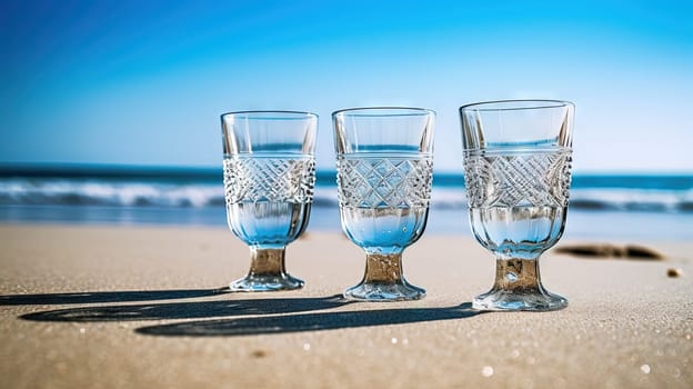 Glass with water in the sand of the beach. Vacation scene with glass on the shore line. Generative AI.