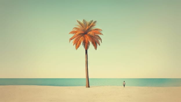 Palm tree on the sand of the beach. Vacation scene with palm on the shore line. Generative AI