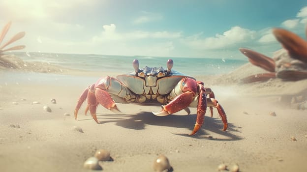 Curious crab on the sandy beach in nostalgic card style. Retro vacation postcard with crab on the coast. Generated AI