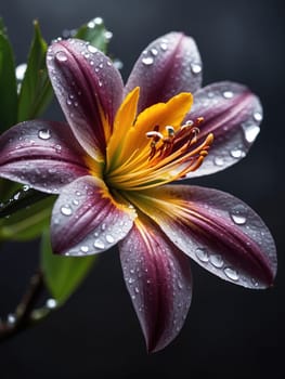 Beautiful lily flower on a dark background with water drops. AI Generated.
