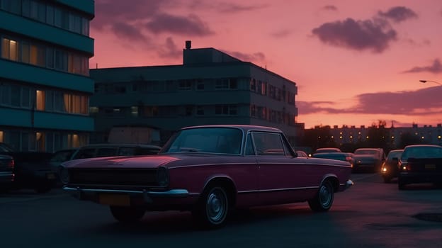 Vintage muscle car parked on the street at night. 80s styled synthwave retro scene with powerful drive in evening. Generated AI