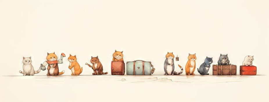 Cute cats family travelling with luggage. Watercolor styled kittens with suitcases. Generated AI