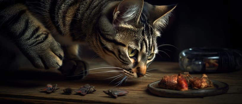 Cat sniffing food. Suspicious kitten sniffing fish on the table. Generated AI