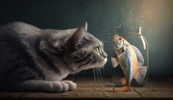 Cute cat watching the fish. Funny kitten sniffing the fish. Generated AI