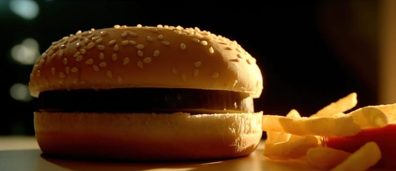 Juicy tasty hamburger on the table. Fast food image of a burger with grilled meat. Generated AI