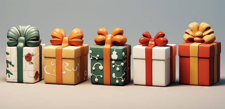 Set of gift boxes with ribbons, arranged for holidays or sale and discount event. Generated AI