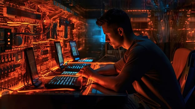 Man sitting with laptop in the secret laboratory. Hacker sending the virus. Generated AI