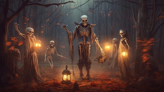 Skeleton holding the lamp in a dark forest during Halloween holiday. Dark art with monsters in the forest at fall. Generated AI