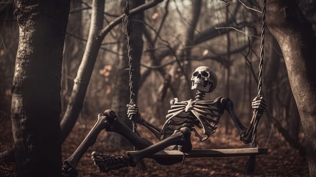 Halloween card with skeleton on a swing. Relaxing skeleton for party invitation on autumn holidays. Generated AI