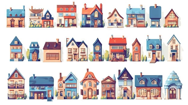 Set of cute residental houses in the neighborhood. Colorful architecture of suburb or village cottages. Generated AI