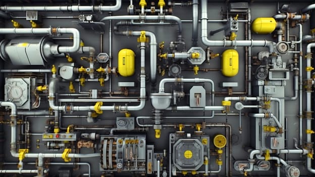 Industrial plant background with shiny pipes. Generated AI