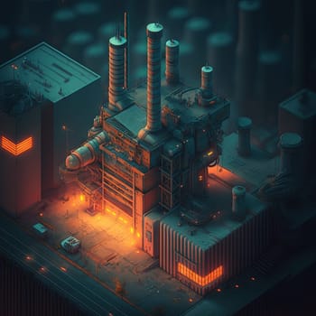 Synthwave styled factory with isometric view. Blue and purple industrial cityscape with neon lights. Generated AI