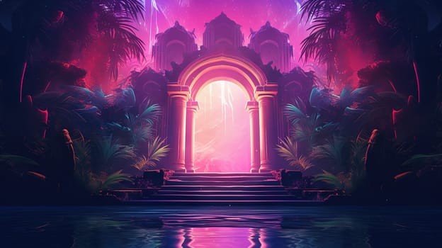 Mysterious door in the jungle. Neon colored scene with magic portal in the woods. Magic gate. Generated AI