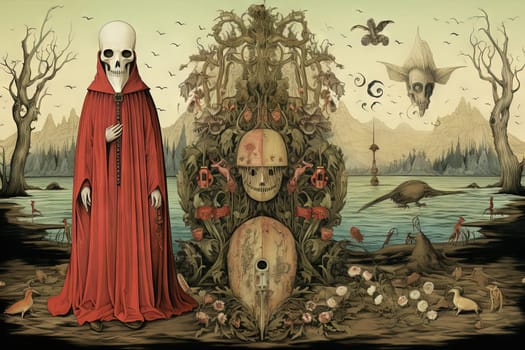 Medieval styled occult art with skeleton and monsters. Ancient icon or old book illustration with mystic religious scene. Generated AI