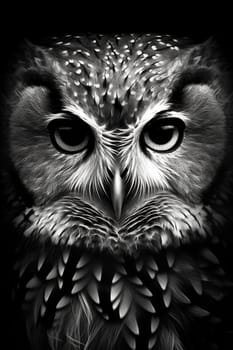 Wild owl in the forest. Black and white style, wildlife element. Generated AI