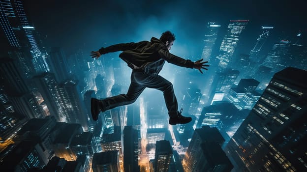 Young man jumps from the roof. Parkour or base jumping trick of an action stuntman. Generated AI