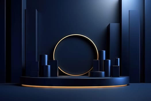 Dark blue pedestal in black room with geometric shapes. Podium for product showcase. Generated AI