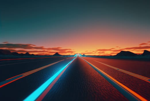Road to the horizon concept with synthwave colors. Abstract background with surreal night way in 80s style. Generated AI
