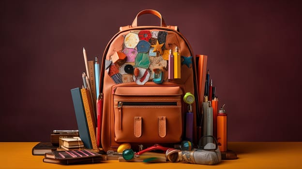 School backpack with colorful learning supplies. Back to school concept. Generated AI