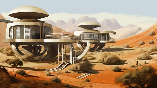 Retro futuristic architecture in sci-fi scene on the desert planet. Alien landscape with nostalgic retro future constructions. Generated AI