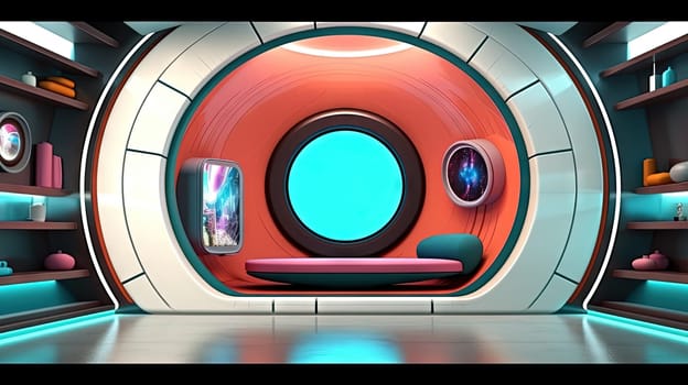 Spaceship or lab interior in retro futuristic sci-fi style with round doors. Generated AI