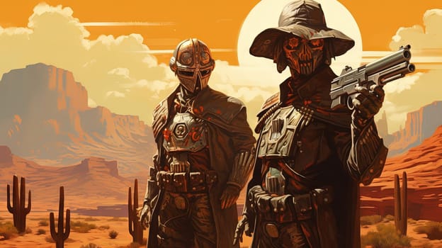 Space cowboys in sci-fi western scene. Sci-fi warriors of the wasteland. Generated AI