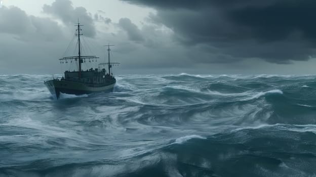 Ship in the stormy sea with huge waves. Giant stormy waves in the ocean and boat. Generated AI