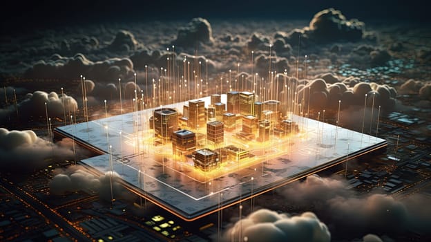 Concept of a digital city with cloud connections. Futuristic network in the clouds. Generated AI