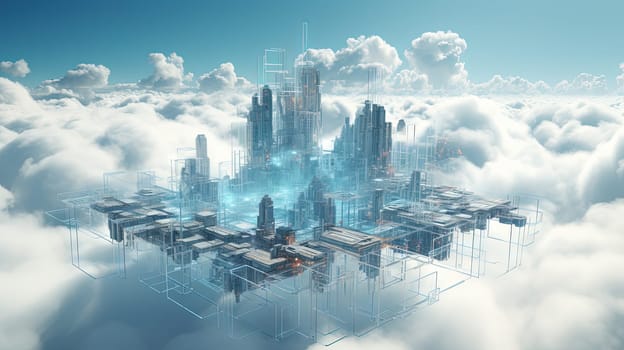 Concept of a digital city with cloud connections. Futuristic network in the clouds. Generated AI