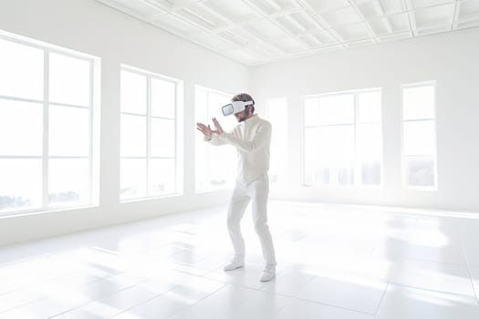 VR goggles technology concept with a person wearing virtual reality glasses device in white room. Generated AI